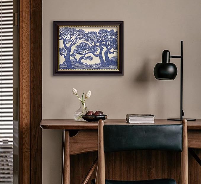 Vintage Gold Framed Wall Art Oak Tree Forest Painting Canvas Prints Blue Woodland Nature Landscape Picture Moody Botanical Poster Artwork for Living Room Bedroom, 12x16in