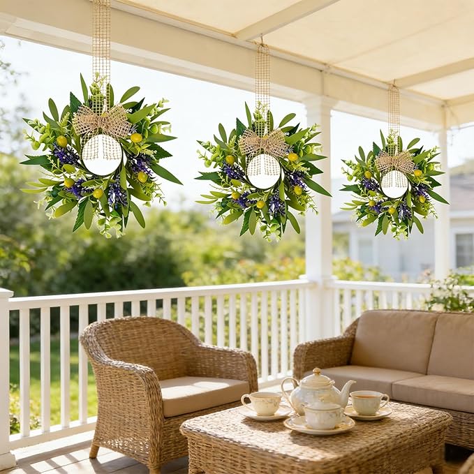 4 PCS Green Eucalyptus Olive Swag Wreaths for Pillars Spring Summer Greenery Kitchen Cabinet Wreaths Mini Green Boxwood Leaves Wreath with Ribbon for Front Door Porch Wall Window Farmhouse Decoration