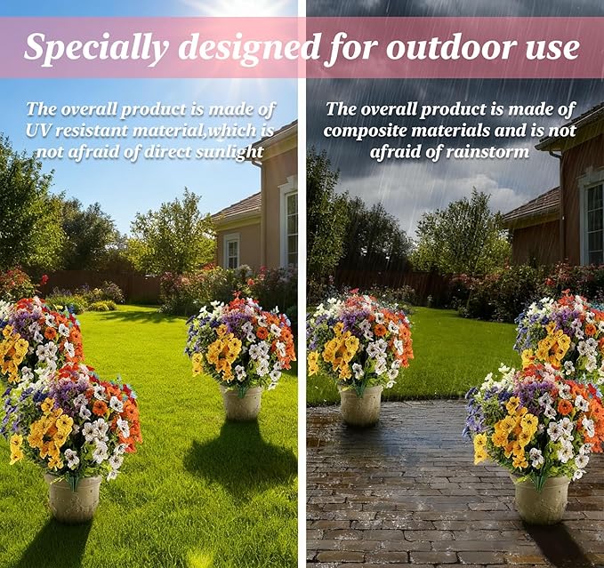 ilauke 9 Bundles Artificial Flowers for Outdoors, Fake Flowers UV Resistant, Faux Flower Plants 9 Colors with Eucalyptus, Plastic Flower Outside Planter Garden Porch Patio Window boxs Yard Decorations