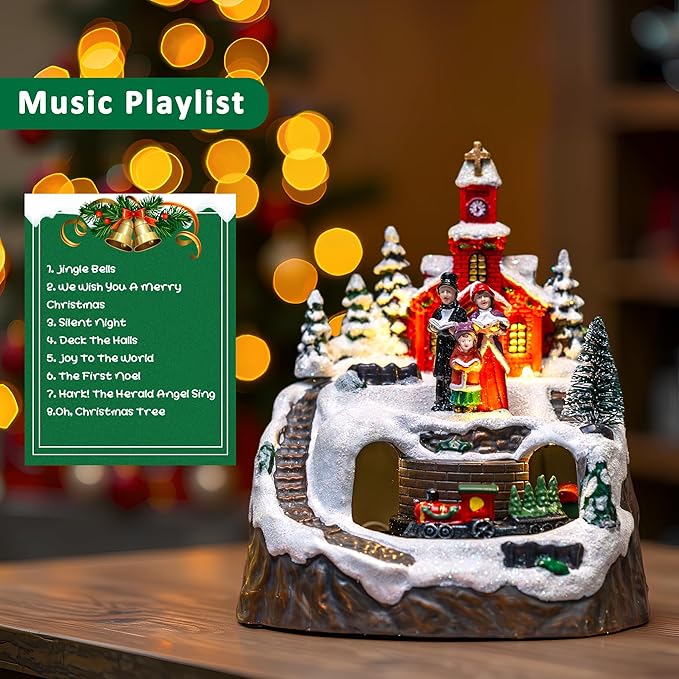 Animated Musical Christmas Village Choir Figurines Christmas Collectibles Statues Church Building & Carolers with Rotating Train LED Lights, Battery & USB Home Decor Gifts Festive Holiday Decorations