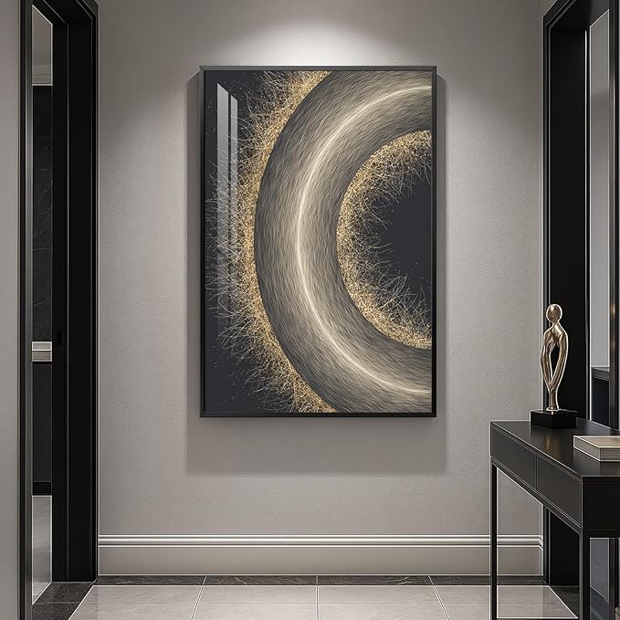 Framed Black and Gold Abstract Wall Art, Modern Luxury Bright Prints Paintings Artwork for Walls, Contemporary Gold Circle Pictures for Living Room Entryway Hallway Dining Bedroom Wall Decor 24x36 In