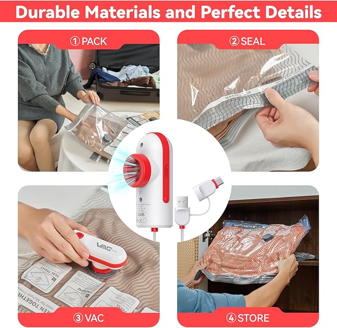12 Pack Vacuum Travel Bags with Pump for Clothing with USB and TYPE C Pump,Carry-on Size Space Saver vacuum seal bags for clothing Storage Bags for Vacation Cruise（Red）