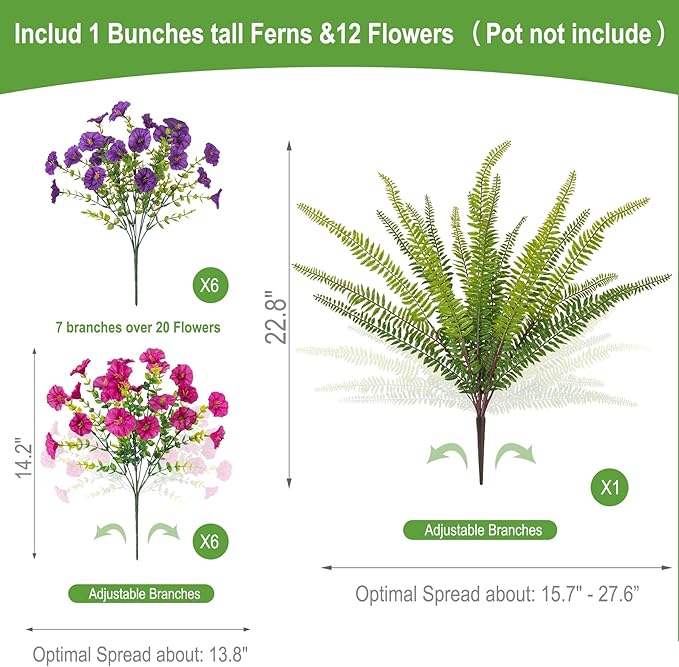 Artificial Flowers for Outdoors Faux Plants Outside Indoor,UV Resistant Silk Fake Petunia Tall Ferns for Home Patio Garden Back Yard Front Poch Decor Spring Summer(13 Bunchs,Dk. & Lt. Purple)