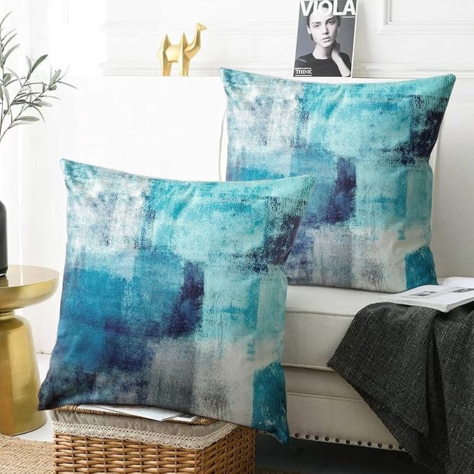 Throw Pillow Covers 18x18 Set of 2 Turquoise and Grey Art Throw Pillow Covers Soft Decorative Couch Pillow Covers for Home Living Room Bedroom