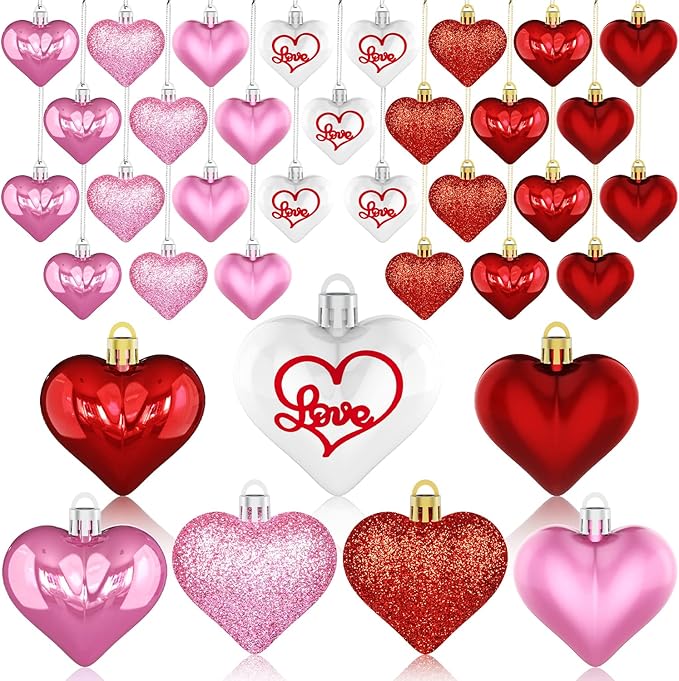 Valentine's Day Decor Heart Ornaments 36 Pcs Heart Shaped Baubles Red Pink White Hanging Decorations for Valentine's Day Christmas Wedding Anniversary