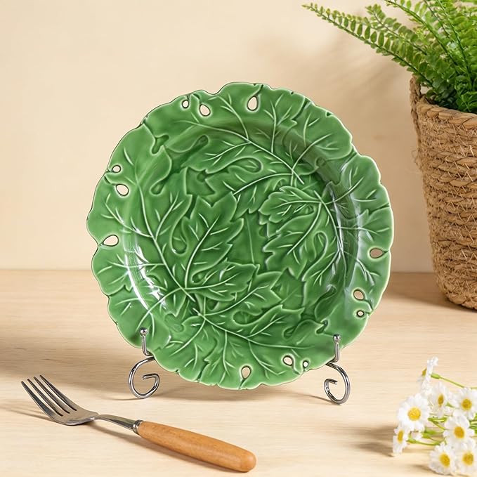 KAMMAK Ceramic Decorative Plate Set of 2, Porcelain Plates for Kitchen Dining Room Wine Cabinet Home Decor, Vintage Collector Plates with 2 Display Stand, Green Leaves (8-inch + 10-inch)