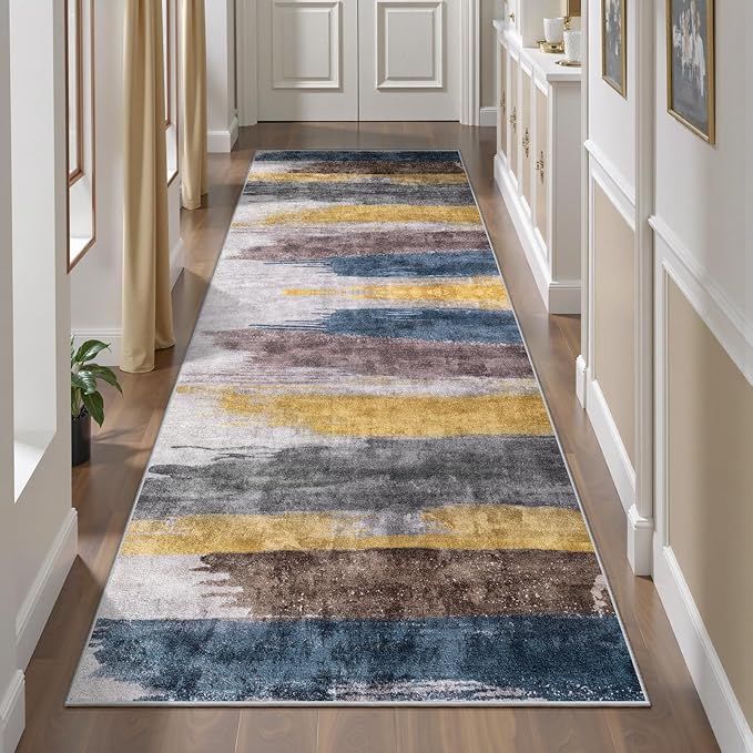 Ciicool 2'6 "x8' Washable Runner Rug, Modern Abstract Hallway Rugs Runner, Non-Slip Thin Accent Rug Lightweight Yellow Gray Distressed Carpet Runners for Laundry Entryway Bedroom Kitchen Indoor