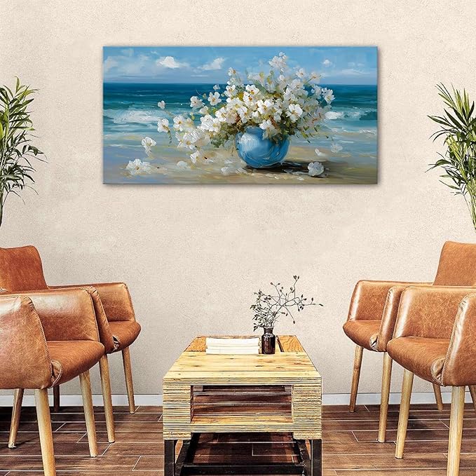 AIYISU Vintage Flowers Canvas Wall Art White Blossom Painting Retro Flowers in Blue Vase Pictures Blue Ocean Coastal Landscape Prints Poster Floral Artwork for Bathroom Bedroom Home Decoration 24x48