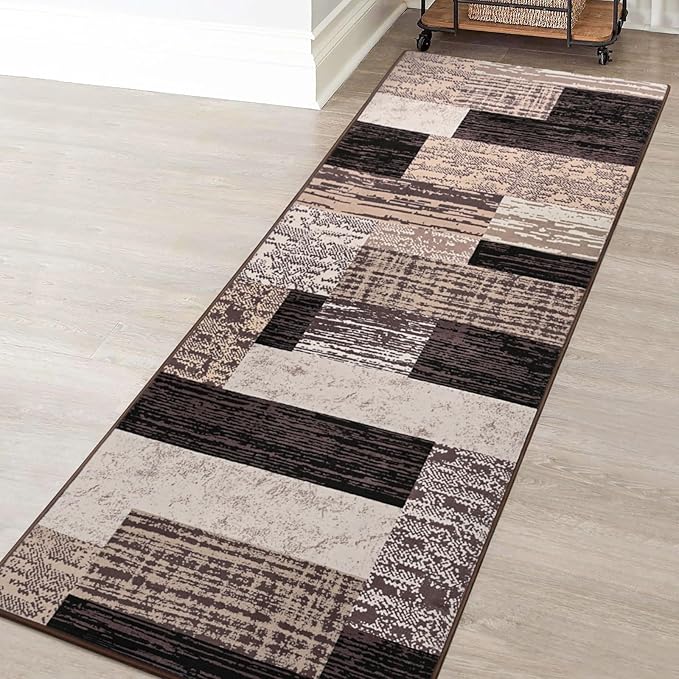 FlyDOIT Modern Geometric Patchwork Area Rug, 2x6 Chocolate Runner Rugs for Living Room, Rockwood Collection Indoor Rugs for Bedroom, Throw Carpet Floor Decor for Entryway Dining Room Office Nursery