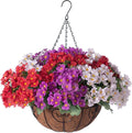 Artificial Flower in Hanging Basket Outdoor Indoor Decoration,Coconut Lining Flowerpot with Faux Plant,Daisy with Eucalyptus Leaves Arrangement for Home Spring Summer Decor(Red Purple White)