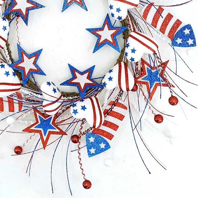 AMF0RESJ 4th of July Wreath Patriotic Wreaths for Front Door with red,White,Blue Glitter Star for Front Door Farmhouse Home Wall Independence Day Decoration
