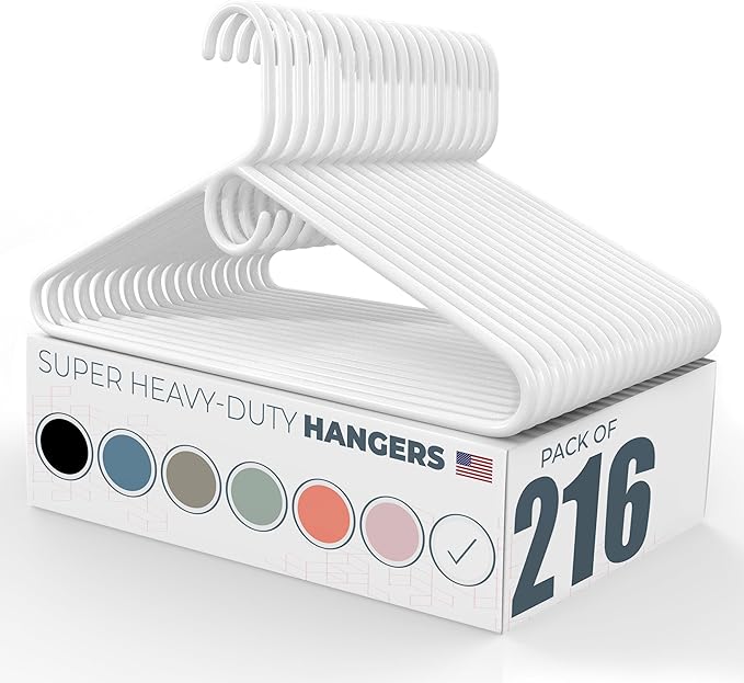 Neaties Super Heavy Duty Clothes Hangers 100+ Pack (216 Count) – Made in the USA - 10lb Capacity, Thick Plastic Hangers for Pants, Coats, Jackets, Jeans and Adult Clothing – White