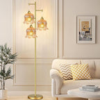 QIYIZM Glass Floor Lamp for Living Room,Bedroom,Mid Century Modern Standing Lamp Brass Tree 3 Light Tall Floor Lamps Vintage Floor Lights Gold Tulip Flower Lamp Shade Farmhouse Boho Bohemian