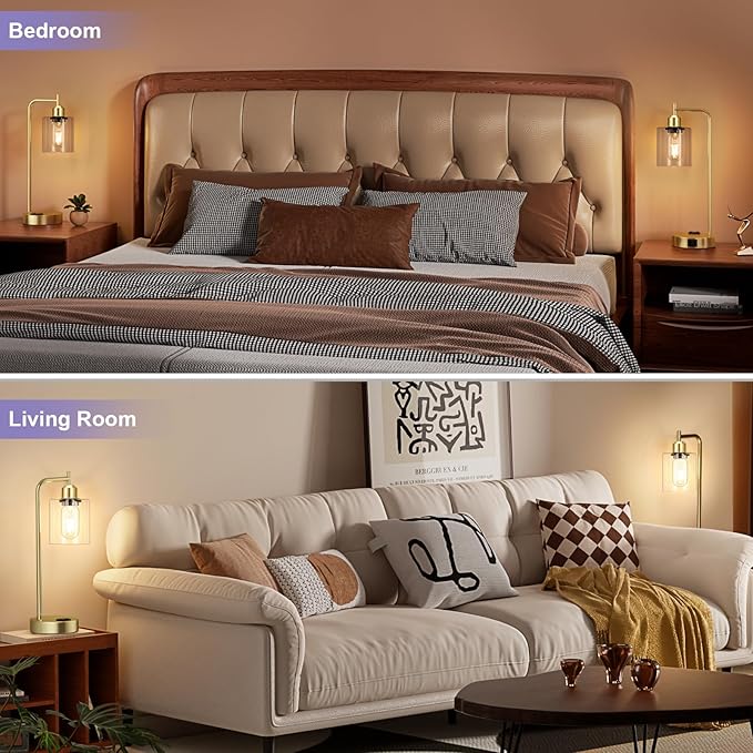 Innqoo Industrial Gold Table Lamp for Bedrooms Set of 2-3-Way Dimmable Desk Lamp with USB C+A Ports and Outlet, Gold Lamps with Clear Glass Shade for Living Room, Desk Lamps for Home Office