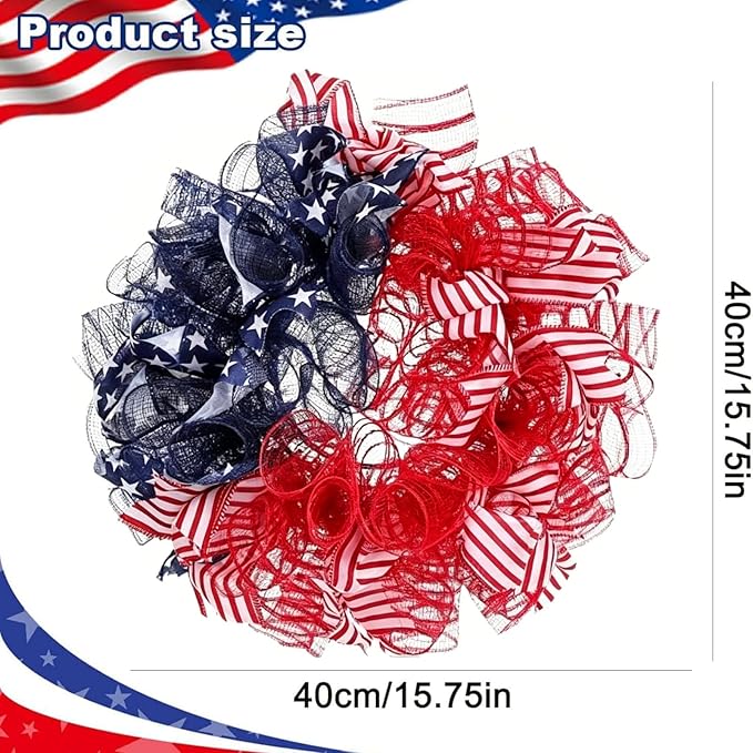 Patriotic Wreath for Front Door Red White Blue Wreath 4th of July Wreaths for Door Wall Memorial Day Decor Independence Day Hanging Decoration for Outside Home Farmhouse Holiday (Mesh)