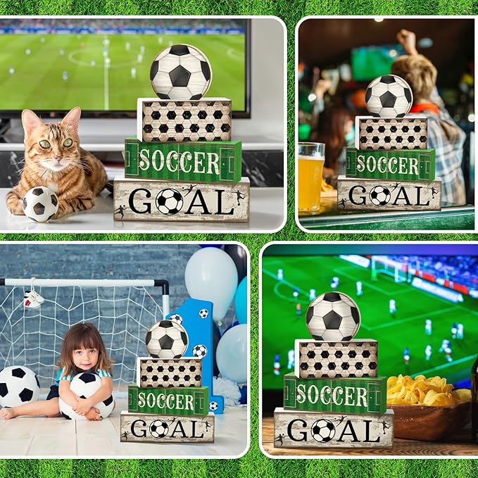 Moucuny 4 Pcs Soccer Party Decorations Soccer Table Centerpiece Football Tiered Tray Decor Wooden Ball Block Signs Gift Sports Themed Table Decorations for Boys Baby Shower Party Supplies Decor