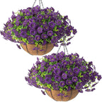 Hananona 2 Set Artificial Outdoor Flowers with Hanging Basket, 2 Hanging Planters with 24 Pcs Flowers for Spring Summer Front Porch Garden Patio Home Decor (2, Purple)