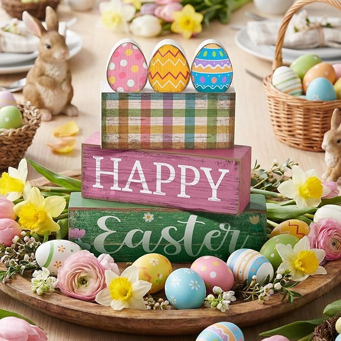 Lineshading 4 Pcs Easter Table Decoration Wooden Pastel Eggs - No Assembly Required Reusable Happy Easter Tiered Tray Decor, Perfect for Home Kitchen Party Farmhouse Centerpieces & Holy Week Gift