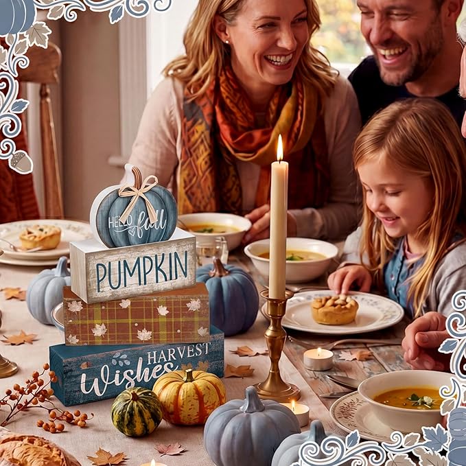 Lineshading 4 Pcs Fall Decoration for Home Wooden Blue Pumpkin Decor Thanksgiving Tiered Tray Decor Fall Centerpiece Rustic Decorative Block Signs Gift Farmhouse Autumn Table Decors for Home Kitchen