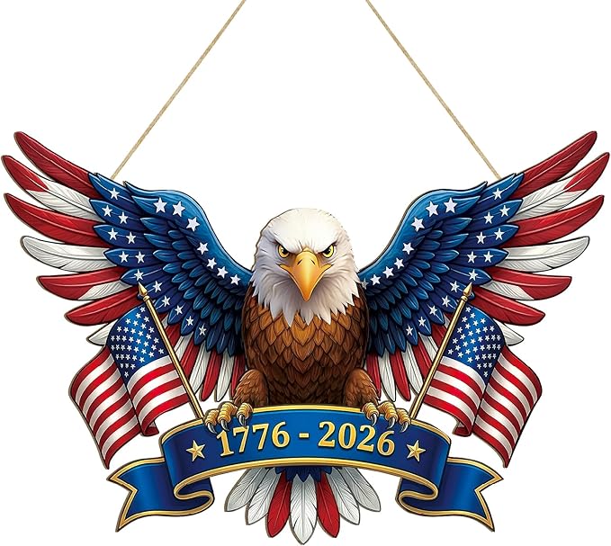 250 Anniversary 4th of July Decoration Door Wreath for Front Door Sign Patriotic Eagle Wall Signs 250 Years of Freedom 1776-2026,Independence Day Patriotic Day Wreath Memorial Day Hanging for Home