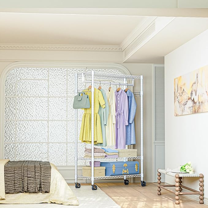 IZEUK Heavy Duty Rolling Garment Rack Wire Clothes Rack for Hanging Clothes (White, 3 Tier with 2 Rod, 29.5" W x 15.7" D x 75" H)