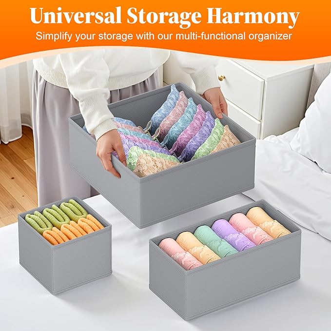 Drawer Organizer Clothes, 16 Pack Drawer Organizers and Underwear Organizer for Nursery, Dividers Clothes Organizer, Closet Organization and Foldable Storage Bins for Socks, Bra, Tie, Grey