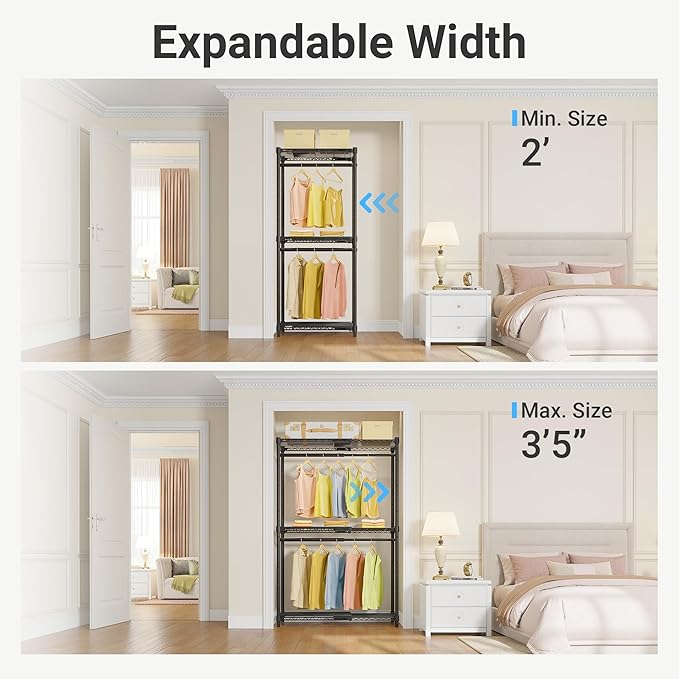 VIPEK X1 Expandable Clothes Rack Heavy Duty Adjustable from 2' to 3'5" with Adjustable Shelves and Hanger Rods, Reach-in & Walk-in Closets Metal Garment Racks Portable Closet, Black