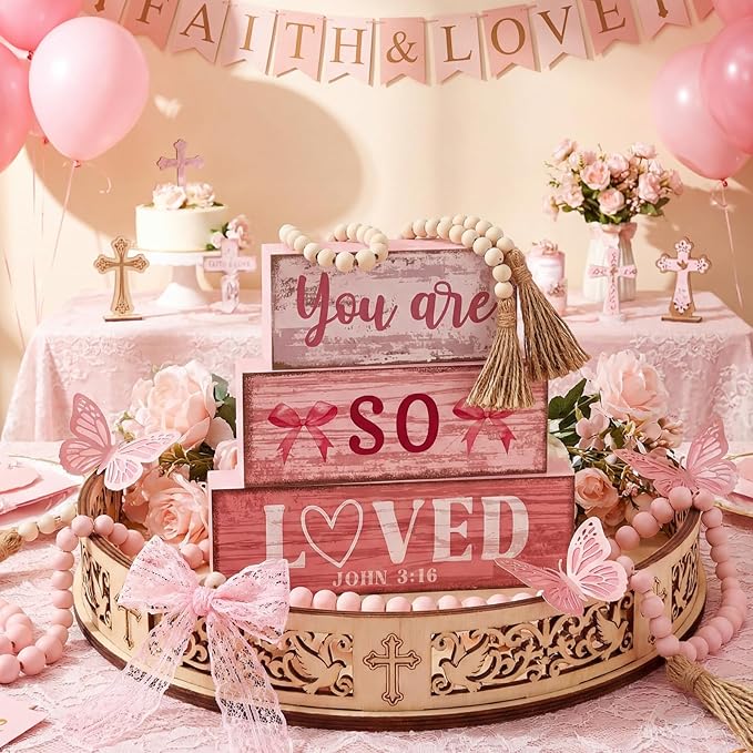 Yuntau 4 Pcs Pink Bow Decoration Christian Gifts for Women Wooden You Are So Love Farmhouse Tiered Tray Decor Inspirational Bible Verse Quotes Block Sign Table Centerpiece for Desk Shelf Room