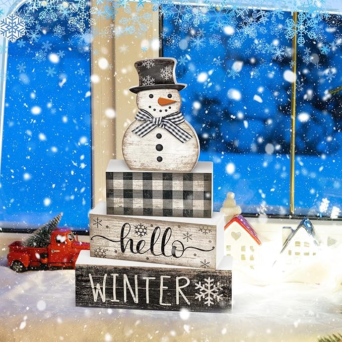 Moucuny 4 Pcs Snowman Christmas Decor Winter Table Decorations Christmas Tiered Tray Decor Winter Centerpiece Decorations Indoor Rustic Wooden Snowman Block Sign Gift Farmhouse for Home Kitchen Shelf