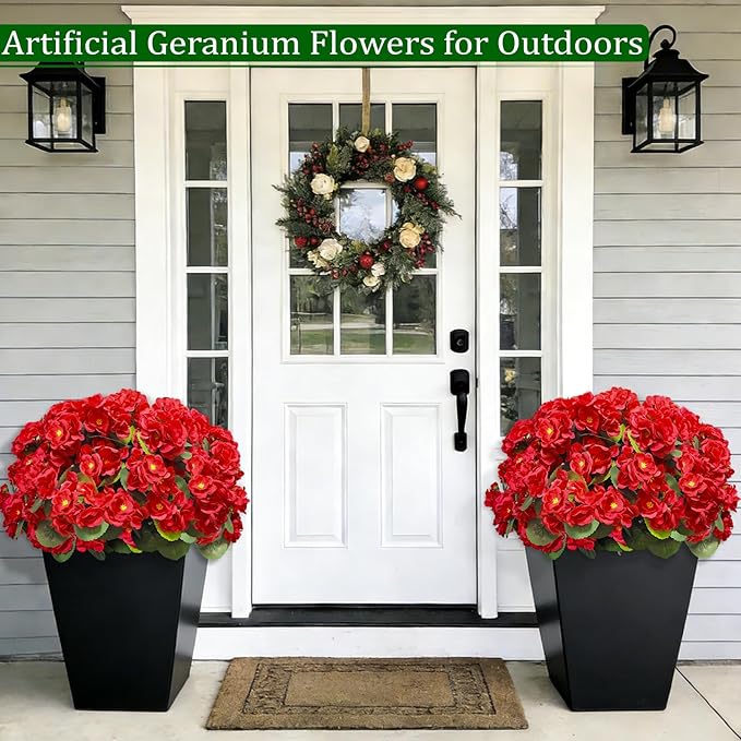 Artificial Geraniums Flowers for Outdoors Spring Decor, 8 Bundles UV Resistant Fake Geraniums Flowers Silk Faux Plants for Home Planter Gardens Table Patio Porch Indoor Summer Cemetery Decor(Red)