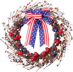 zjlmit 22 Inch 4th of July Wreath with Grapevine Base - Red White and Blue Berry Patriotic Wreath with Hanging Loop for Front Door, Independence Day & Memorial Day Decor