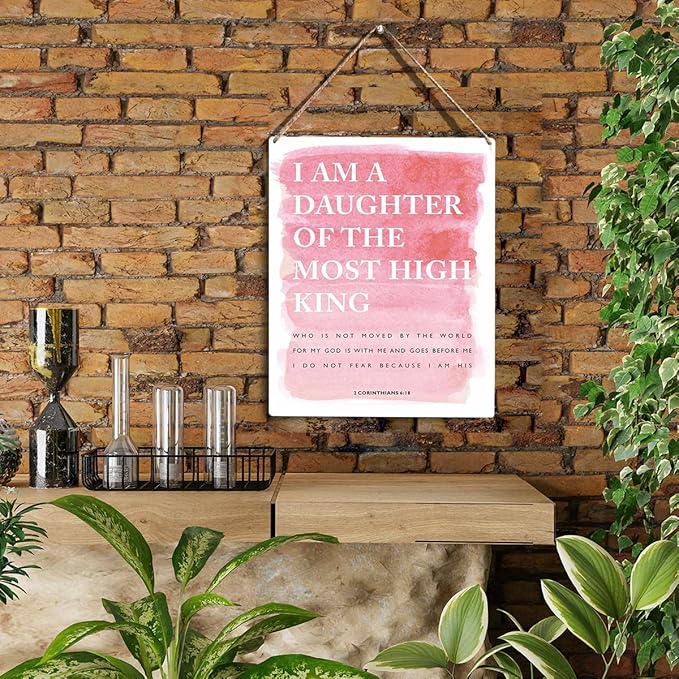 I am a Daughter of the Most High King Bible Verse Wood Sign Rustic 2 Corinthians 6:18 Watercolour Christian Wooden Hanging Plaque for Home Girl Bedroom Wall Art Decoration 8 x 10 Inches Present