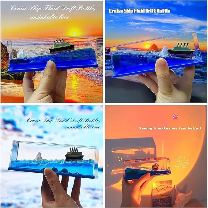 Unsinkable Titanic Cruise Ship in a Bottle, Cruise in Ocean Wave Desk Decor, Cool Mini Liquid Ship Best for Room Decoration, Desk Toy & Titanic Gifts (F)