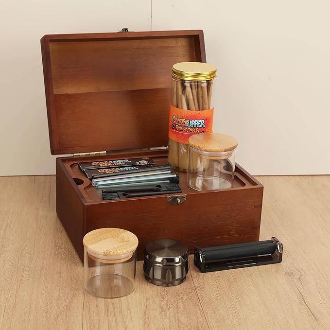 Large Bamboo Storage Box with Removable Tray Kit - Decorative Box Set, Glass Jars, and Accessories Wooden Storage Kit and Accessories Tool.Birthday Gifts