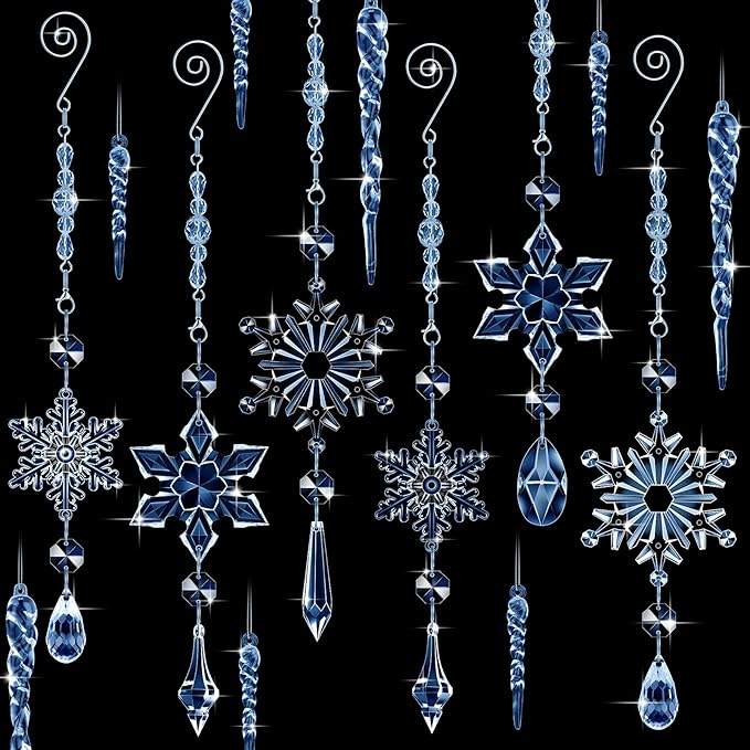 Giegxin 32 Pcs Crystal Christmas Ornaments Crystal Hanging Snowflakes Acrylic Xmas Tree Icicle Drop Decorations with Hooks for Christmas Snow Party Winter(Light Blue)