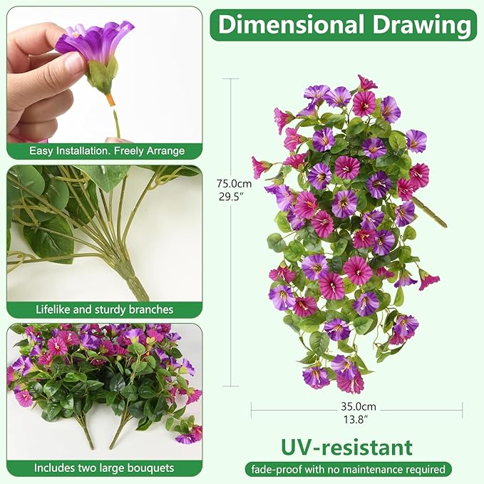 Homsunny Artificial Fake Flowers Outdoor, 2PCS Long 29.5 in Faux Petunias Silk Flower UV Resistant No Fade for Home Outside Garden Balcony Yard Porch Realistic Spring and Summer Decor（Light Purple）