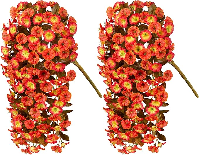Artificial Fall Hanging Flowers for Outdoors Decoration, 2PCS Fake Plants Faux Realistic Silk Morning Glory Long Vines UV Resistant for Autumn Outside Porch Patio Balcony Yard Planter, OrangeYellow