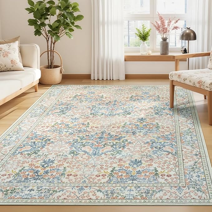 Lessymo Floral Living Room Rug 5x7 Area Rug, Vintage Forest Washable Rugs for Dining Room, Bedroom, Low Pile Non Slip Rubber Green Mat Indoor Boho Carpet for Large Entryway, Beige Brown