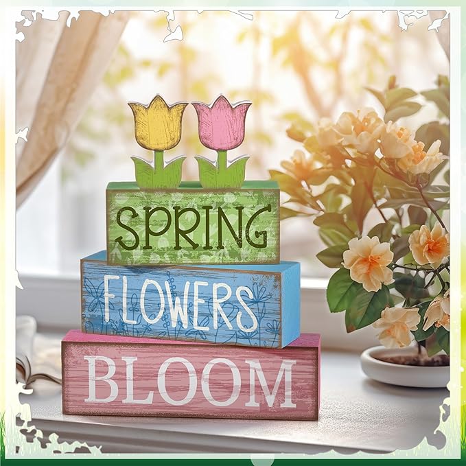 Moucuny 4 Pcs Spring Table Decor Wooden Tulip Spring Tiered Tray Decor Flowers Table Centerpiece Decorative Colorful Tulip Block Signs Gift Farmhouse Flowers Decoration for Home Kitchen Shelf