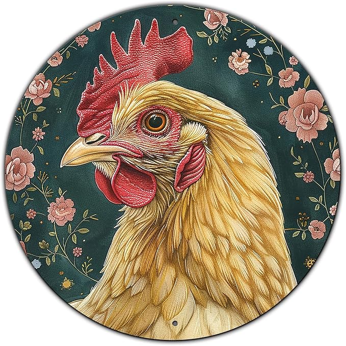 Round Sign Chicken And Flower Tin Sign Retro Aluminum Metal Sign for Kitchen Garden Bar Office Home Indoor Wall Decor 12 Inch