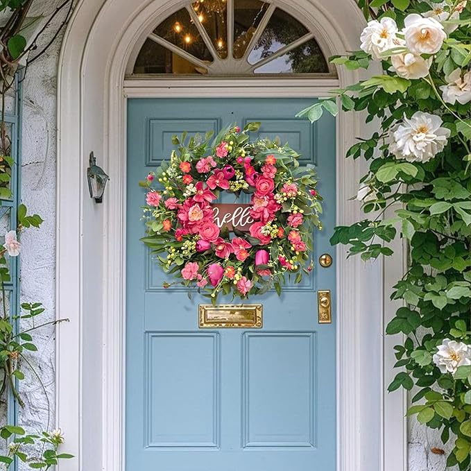 Spring Wreaths for Front Door 24 Inch with Hello Sign,Artificial Summer Wreath with Pink Peony and Orchid,Indoor and Outdoor Wreath for Farmhouse Wall Home Porch Decor