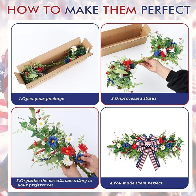 4th of July Patriotic Floral Swag Artificial Red White and Blue Independence Day Front Door Daisy Flowers Twigs Swag Memorial Day 250th Anniversary Veterans Day Decor for Arch Wall Home Door Decor