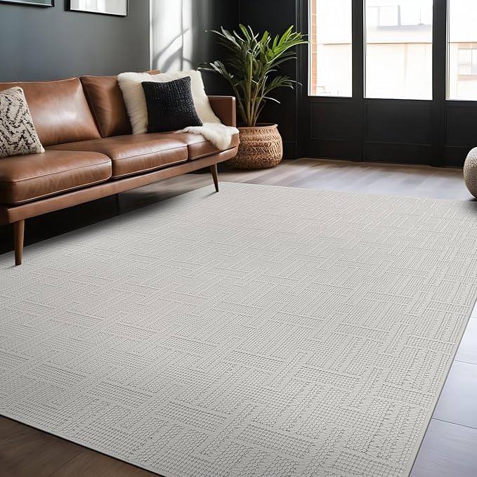 Micro Loop Indoor Rug White 10x14 Boho Geometric Neutral Area Rugs for Living Room Soft Luxury Modern Low and High Pile Durable Stain Resistant Non-Shedding Indoor Area Carpet 10 x 14