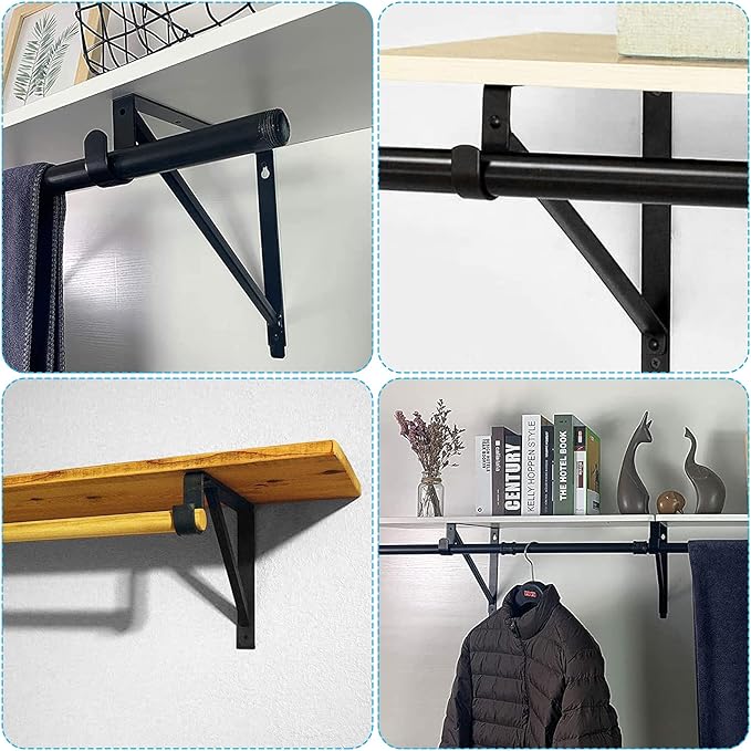 4PCS Heavy Duty Black Closet Rod Brackets 11 x 11 Inch,1-3/8Inch Diameter Shelf and Rod Bracket Holder for Home and Closet Decor, Wall Mount Closet Pole Supports Bracket Hook with Screws