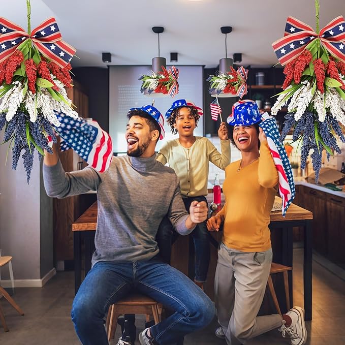 24inch Patriotic Red, White and Blue Floral Swag Wreath for Front Door Patriotic American Floral Teardrop Swags 4th of July Independence Day Rings Wreaths for Pillars Porch Wall Window Decor