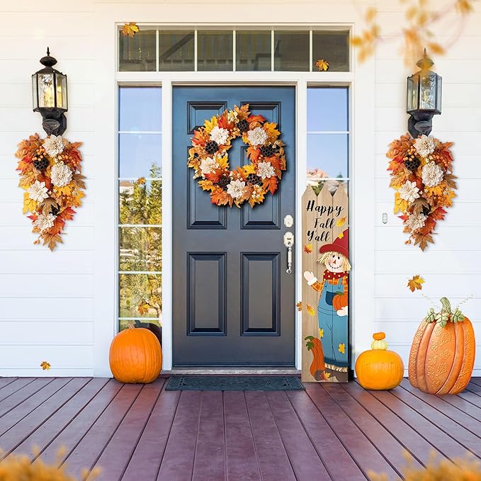 Glitzhome Fall Teardrop Swags for Front Door, 28''H Autumn Swag with Lotus, Lotus Pod and Berry, Fall Swags for Front Door, Thanksgiving Harvest Festivals Decor