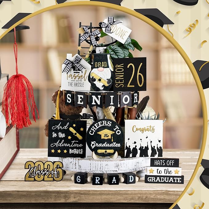 Mifoci 19 Pcs Graduation Tiered Tray Decor Set 2026 Graduation Farmhouse Wooden Sign Tray Decorative for Party Kitchen Table Centerpiece Supplies