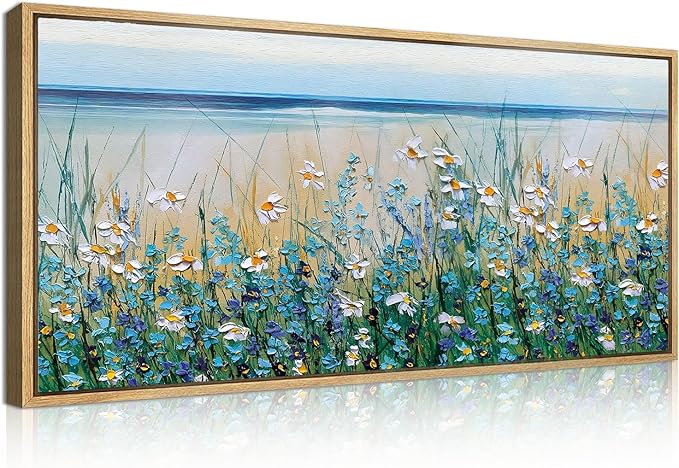 Large Blue Seaside Cyan Floral Wall Paintings Wildflowers Blossom Art Prints Framed Blue Flowers Artwork Floral Wall Art Wildflower Wall Pictures for Living Room Bedroom 20x40 Inch