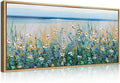 Large Blue Seaside Cyan Floral Wall Paintings Wildflowers Blossom Art Prints Framed Blue Flowers Artwork Floral Wall Art Wildflower Wall Pictures for Living Room Bedroom 20x40 Inch