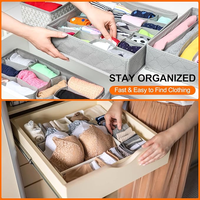 uxcell 1 Set Foldable Cloth Storage Box, 6 Slots Fabric Socks Underwear Drawer Dividers Organizers Baskets Bins for Clothes Socks Scarves Ties, Dark Gray